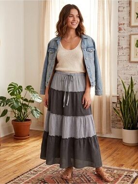 POL Boho Tiered Maxi Skirt | Charcoal & Slate Gray Brand New Size Small